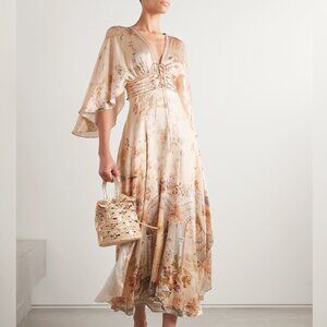 CAMILLA Lace-up crystal-embellished printed silk-satin midi dress